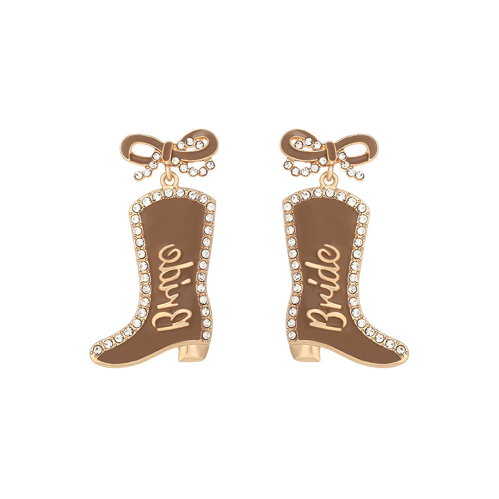 Wholesale Bow Oil Dripping Diamond Western Style BRIDE Cowboy Boot Earrings